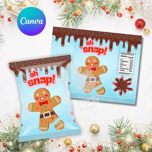 Editable Gingerbread Chip Bag Template - Custom Party Favor Digital Download