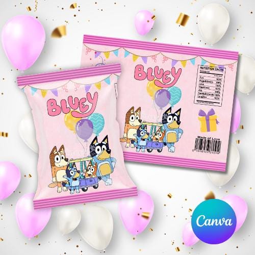 Bluey-pink Chip Bag Template - Custom Party Favor Digital Download