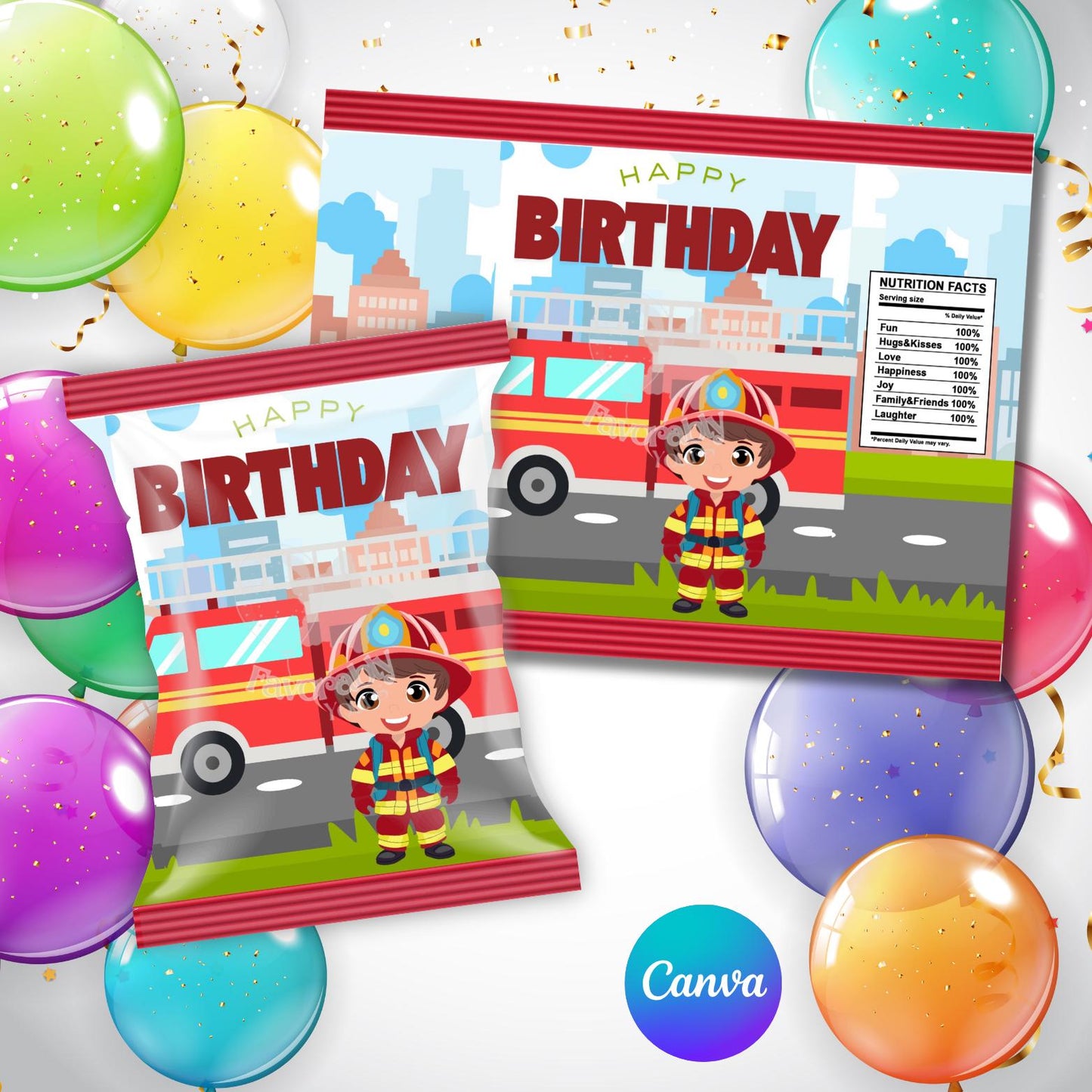 Editable Chip Bag Template - Custom Party Favor Digital Download-Firefighter