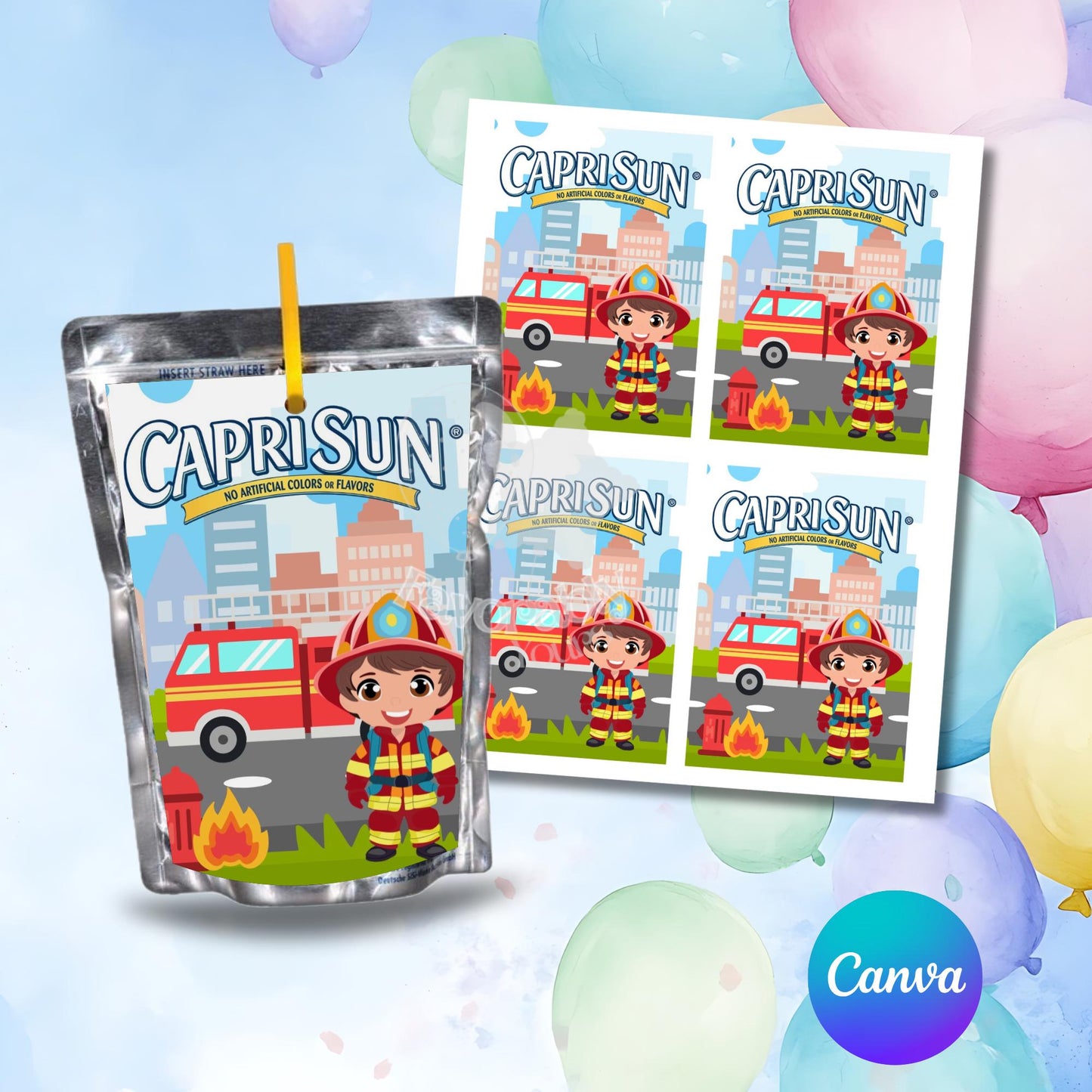 Editable Capri Sun Label - Instant Download- firefighter birthday