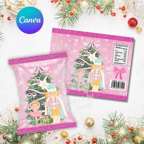 Editable Chip Bag Template - Custom Party Favor Digital Download- Christmas nutcracker