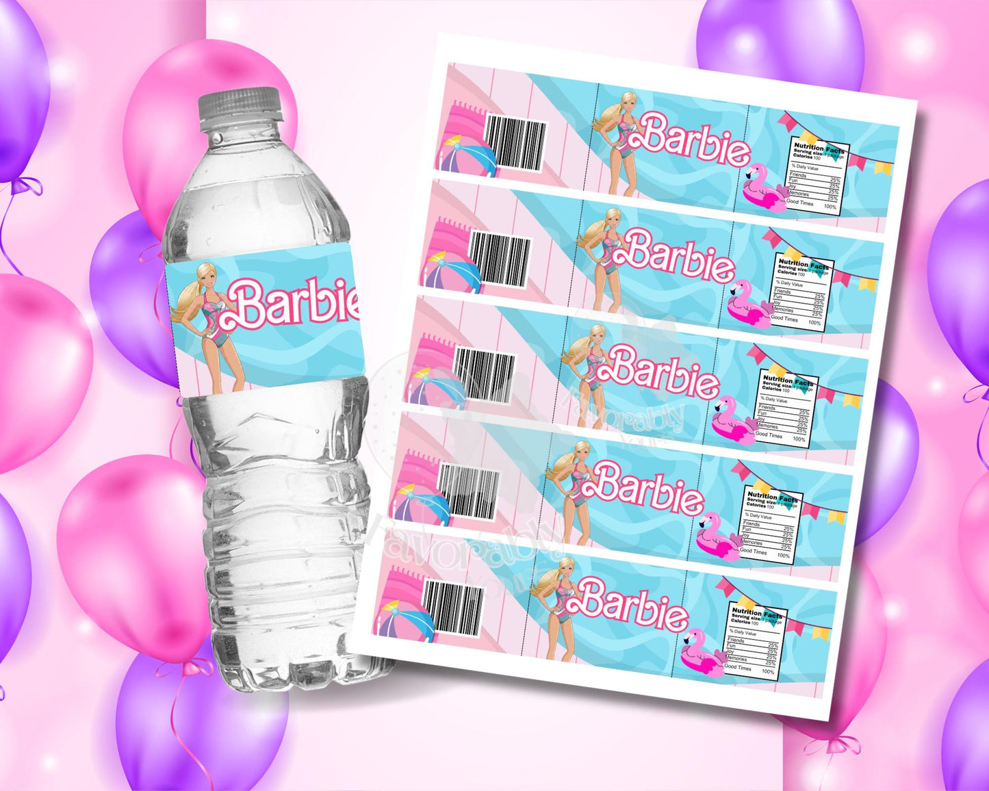 Water Bottle Label - Editable Party Favor Template-pool party Barbie
