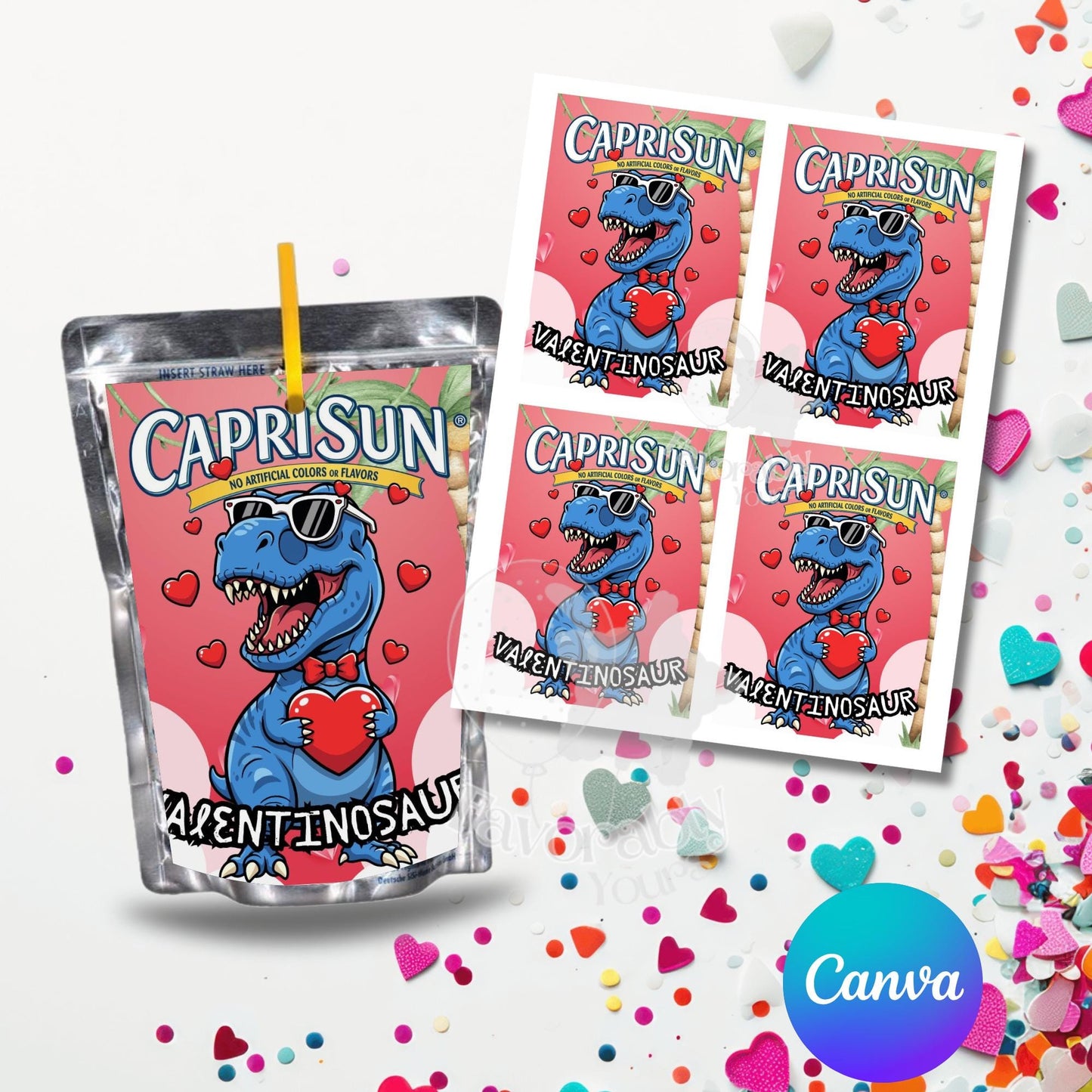 Editable Valentine Capri Sun Label - Instant Download//dinosaur