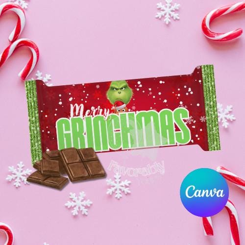 Editable Grinch chocolate bar Template - Custom Party Favor Digital Download-Christmas