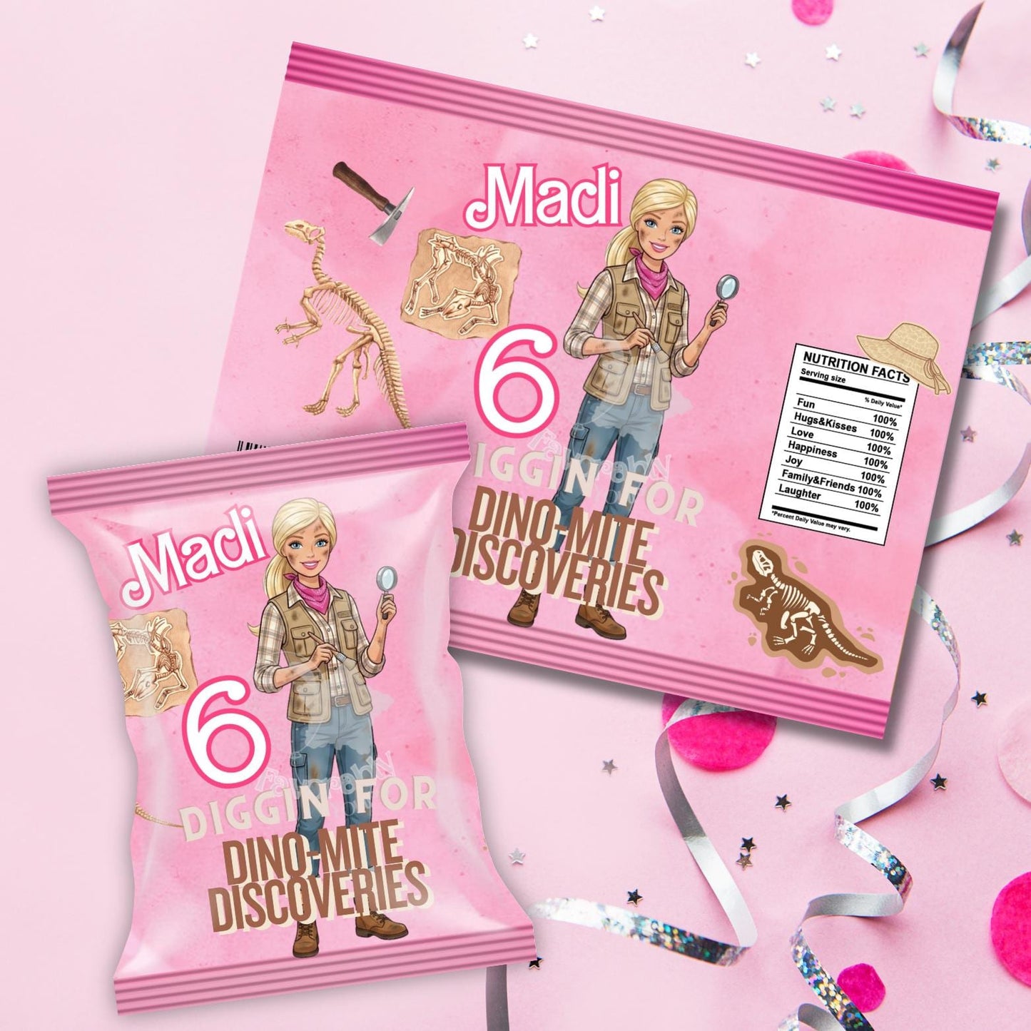 Editable Chip Bag Template - Custom Party Favor Digital Download-dino Barbie